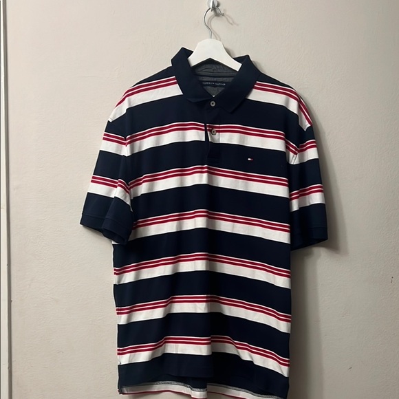 Vintage Tommy Hilfiger Navy Blue Striped Polo Shirt with Classic Collar 312 NWOT - Picture 1 of 5